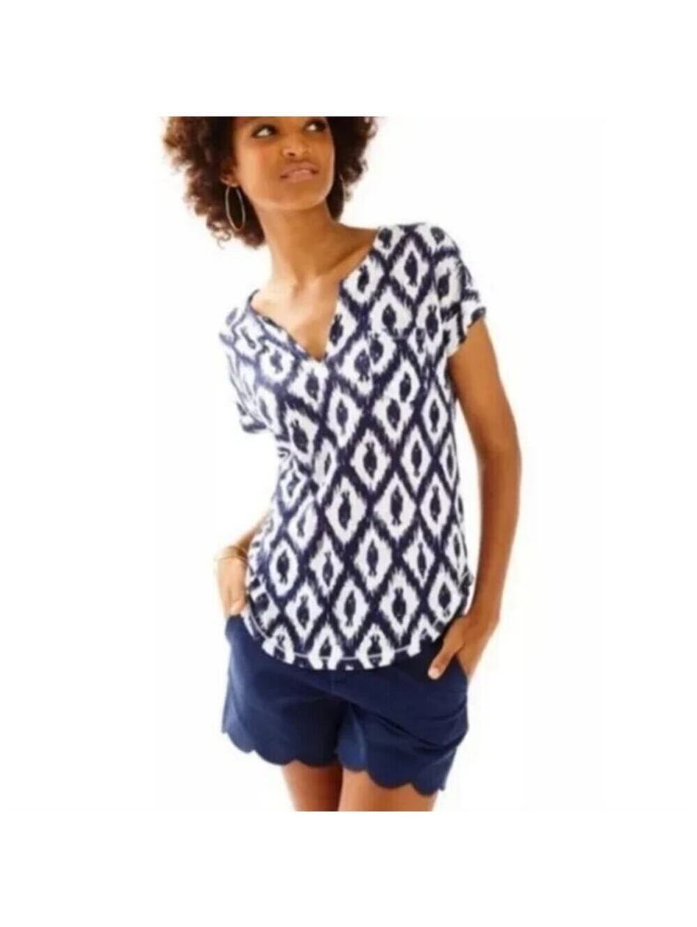 Lilly Pulitzer EUC Women's 100% Linen Duval Top Navy Fish Ikat Print Size M
